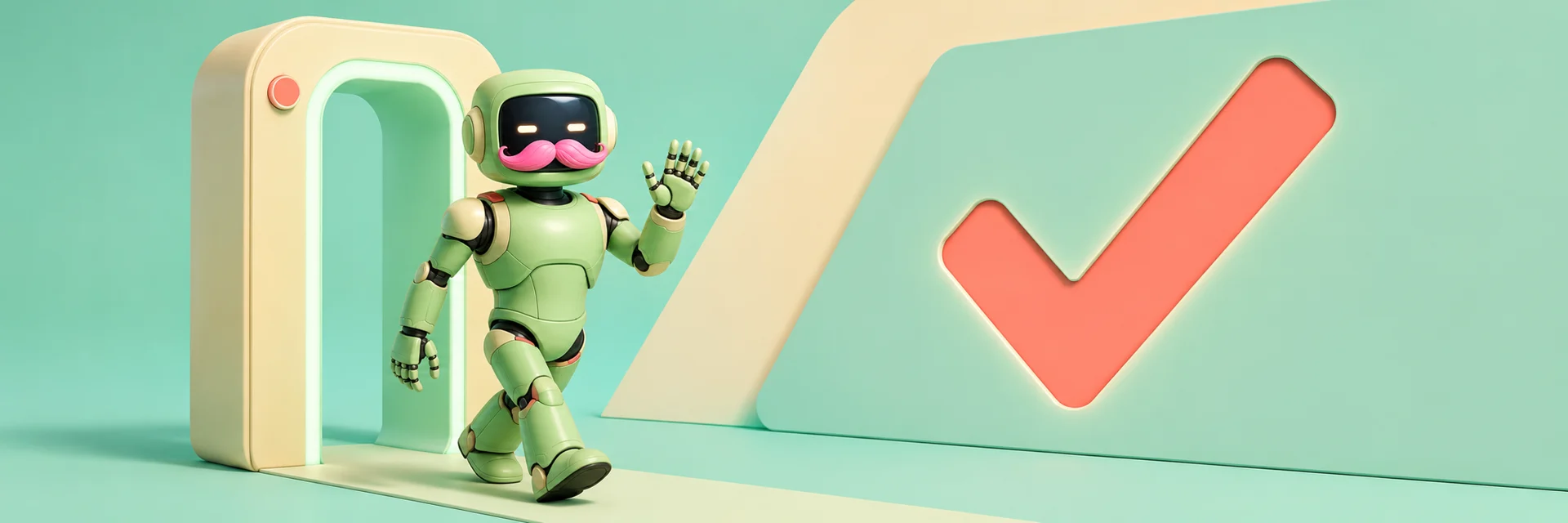 The Human Enough robot walking through a verification archway, waving, beside a large approval check mark